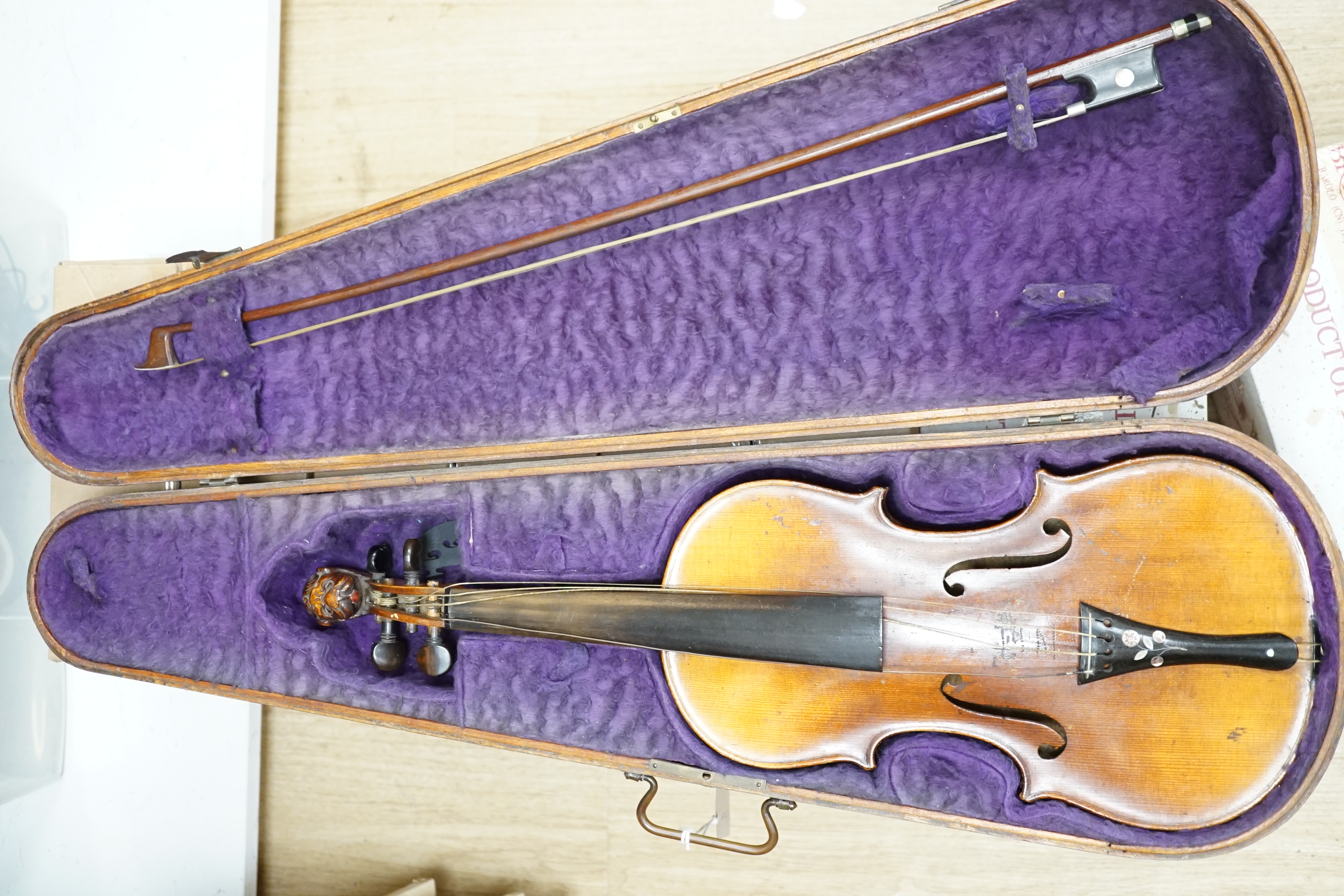 A 19th century violin (unlabelled), in mahogany Jerome case, with bow stamped Vuillaume